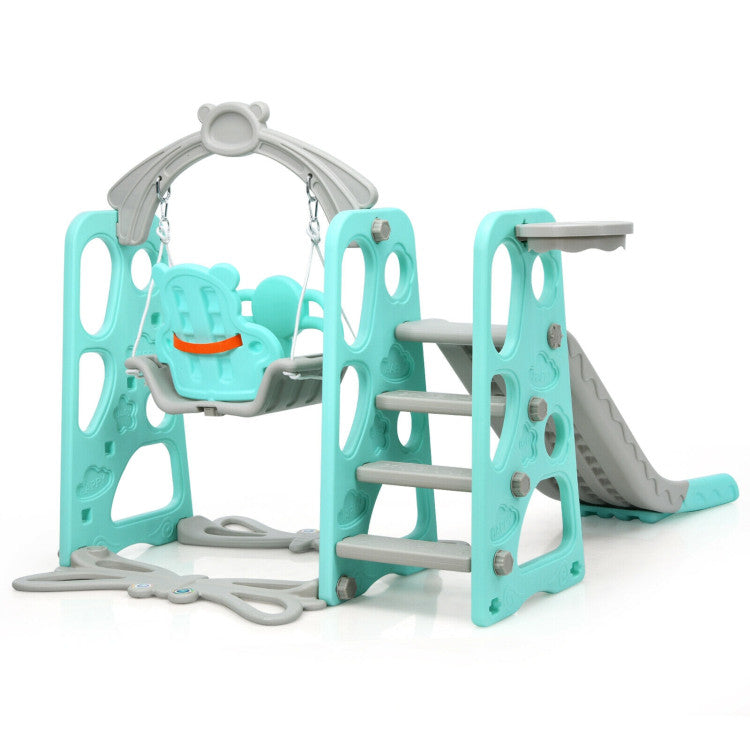 4-in-1 Kids Swing and Slide Set Toddler Climber Slide Playset with Basketball Hoop Safety Belt