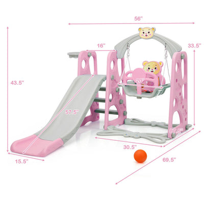 4-in-1 Kids Swing and Slide Set Toddler Climber Slide Playset with Basketball Hoop Safety Belt