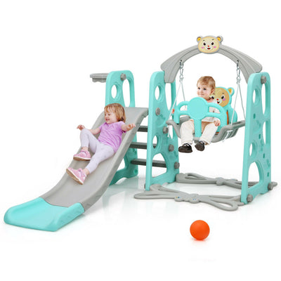 4-in-1 Kids Swing and Slide Set Toddler Climber Slide Playset with Basketball Hoop Safety Belt