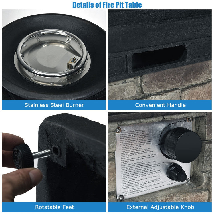 40000BTU Outdoor Propane Fire Pit Table Burning Firebowl Column Firepit Heater with Lava Rocks and PVC Cover