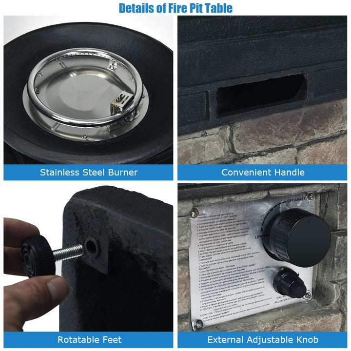 40000BTU Outdoor Propane Fire Pit Table Burning Firebowl Column Firepit Heater with Lava Rocks and PVC Cover