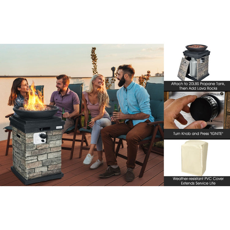 40000BTU Outdoor Propane Fire Pit Table Burning Firebowl Column Firepit Heater with Lava Rocks and PVC Cover