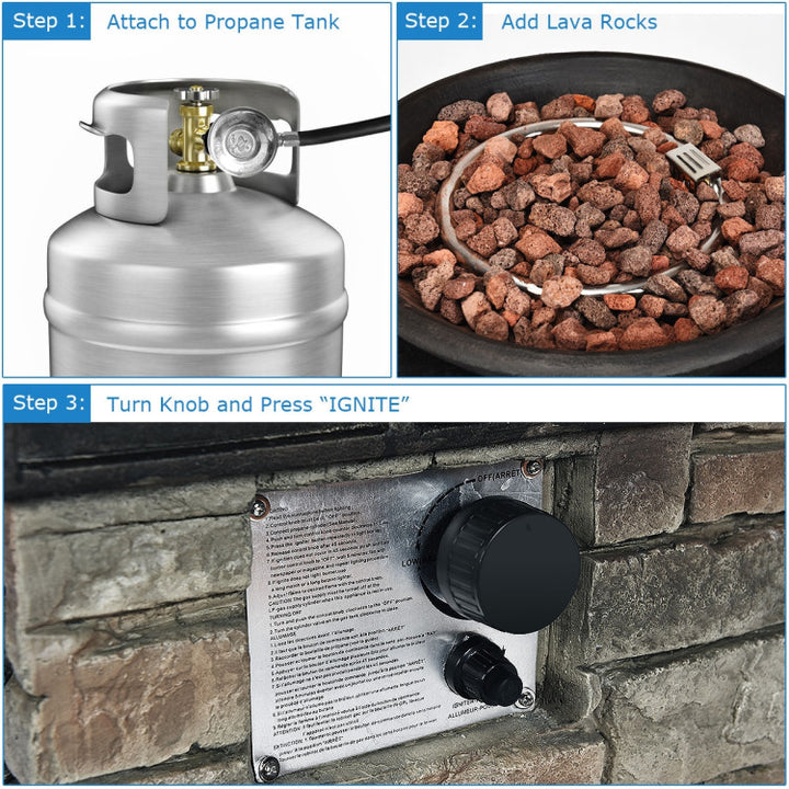 40000BTU Outdoor Propane Fire Pit Table Burning Firebowl Column Firepit Heater with Lava Rocks and PVC Cover
