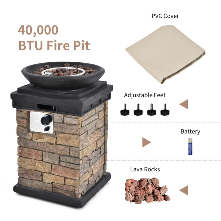 40000BTU Outdoor Propane Fire Pit Table Burning Firebowl Column Firepit Heater with Lava Rocks and PVC Cover