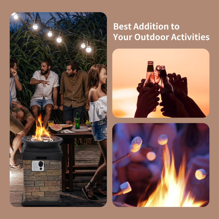 40000BTU Outdoor Propane Fire Pit Table Burning Firebowl Column Firepit Heater with Lava Rocks and PVC Cover