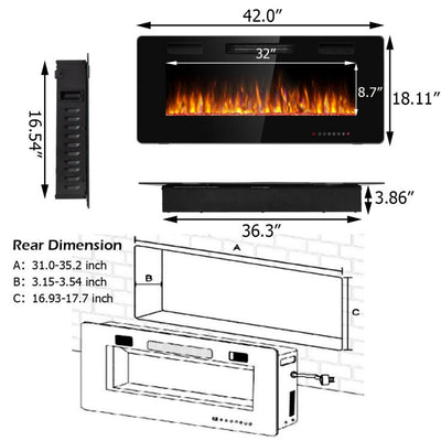 42 Inch Recessed Ultra Thin Electric Fireplace Wall Mounted Electric Heater with Touch Screen and Remote Control