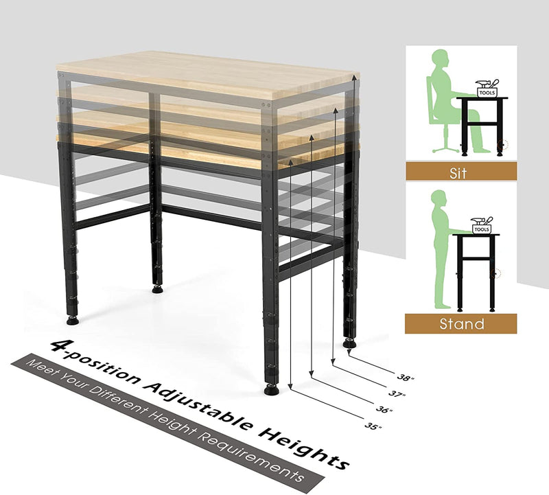 48 Inch Adjustable Height Workbench Solid Oak Wood Top Heavy-Duty Workstation with Non-Slipping Pads for Garage Workshop