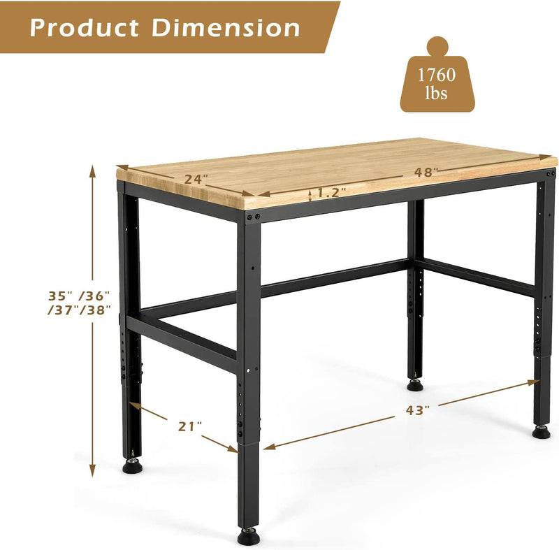 48 Inch Adjustable Height Workbench Solid Oak Wood Top Heavy-Duty Workstation with Non-Slipping Pads for Garage Workshop