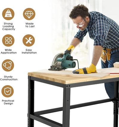 48 Inch Adjustable Height Workbench Solid Oak Wood Top Heavy-Duty Workstation with Non-Slipping Pads for Garage Workshop