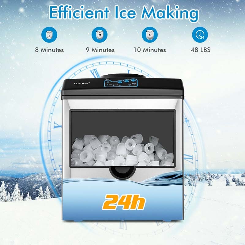 48LBS/24H Stainless Steel Countertop Ice Maker 2-in-1 Water Ice Cube Machine with 5LBS Ice Storage Basket and Ice Scoop