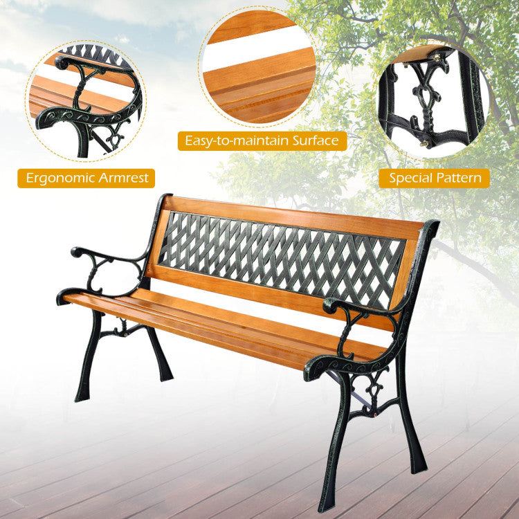 49.5 Inch Outdoor Deck Hardwood Cast Iron Bench Patio Porch Chair Love Seat Garden Large Seating with Armrest