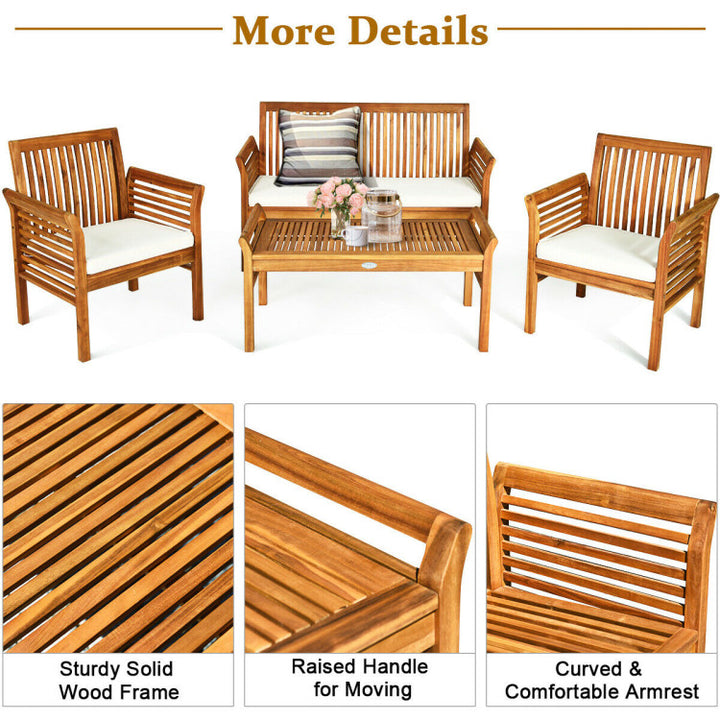 4 Pieces Outdoor Acacia Wood Sofa Furniture Set Conversation Set with Comfortable Cushion