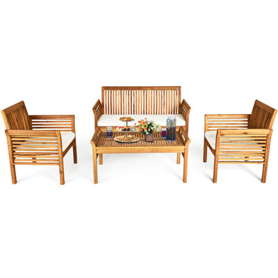 4 Pieces Outdoor Acacia Wood Sofa Furniture Set Conversation Set with Comfortable Cushion