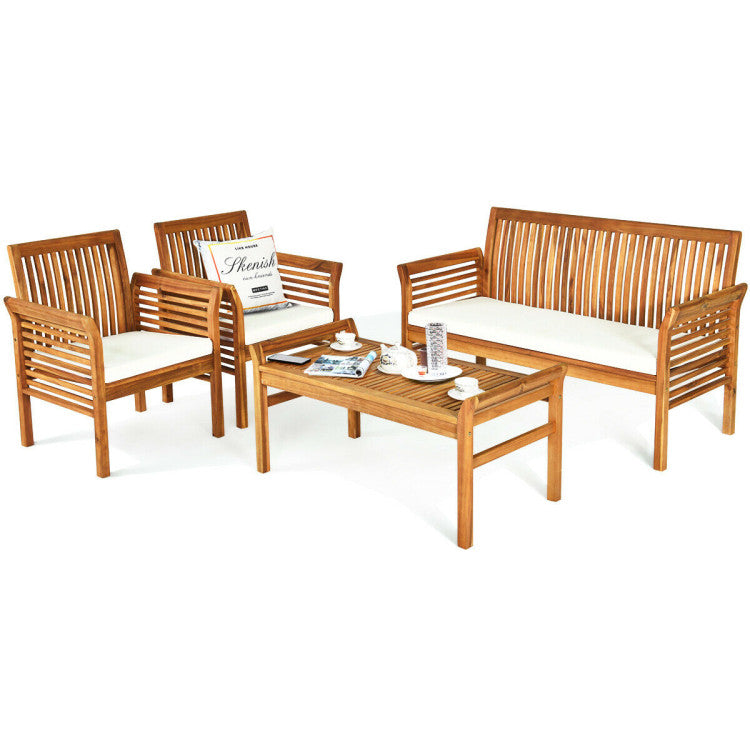 4 Pieces Outdoor Acacia Wood Sofa Furniture Set Conversation Set with Comfortable Cushion