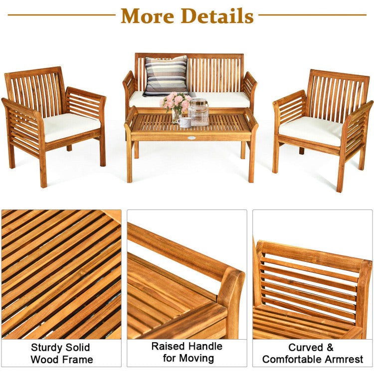 4 Pieces Outdoor Acacia Wood Sofa Furniture Set Conversation Set with Comfortable Cushion