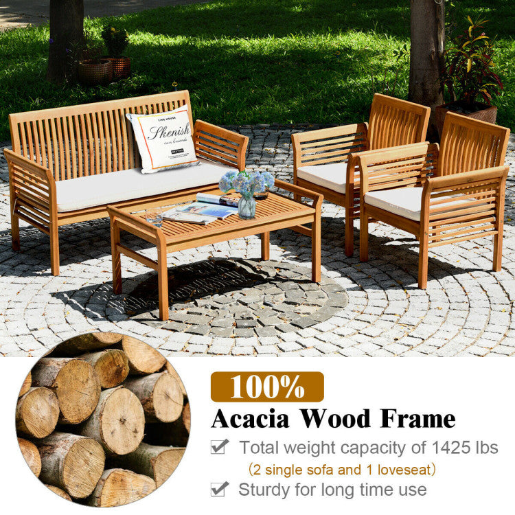 4 Pieces Outdoor Acacia Wood Sofa Furniture Set Conversation Set with Comfortable Cushion