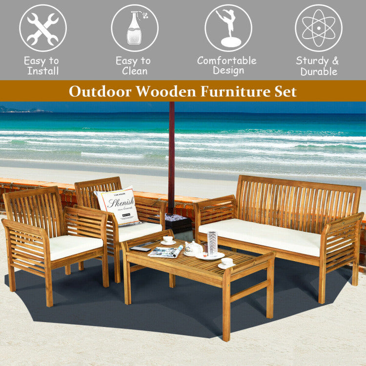 4 Pieces Outdoor Acacia Wood Sofa Furniture Set Conversation Set with Comfortable Cushion