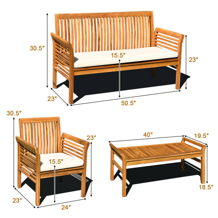 4 Pieces Outdoor Acacia Wood Sofa Furniture Set Conversation Set with Comfortable Cushion