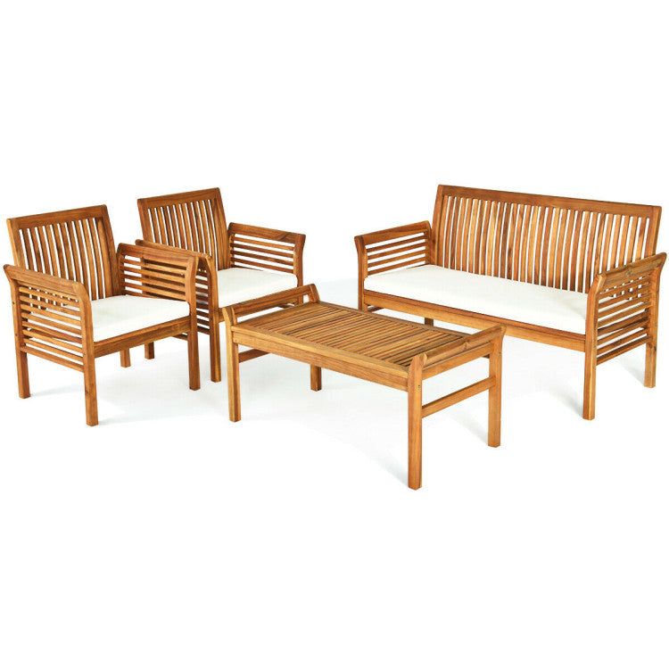 4 Pieces Outdoor Acacia Wood Sofa Furniture Set Conversation Set with Comfortable Cushion