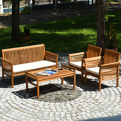 4 Pieces Outdoor Acacia Wood Sofa Furniture Set Conversation Set with Comfortable Cushion