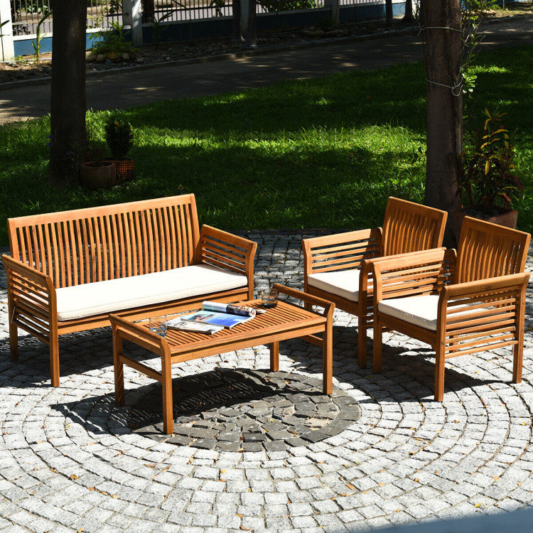 4 Pieces Outdoor Acacia Wood Sofa Furniture Set Conversation Set with Comfortable Cushion