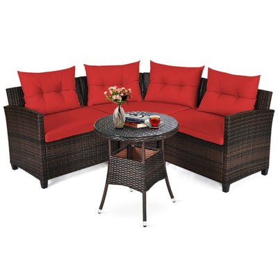 4 Pieces Outdoor Rattan Furniture Set Conversation Sofa Set with Cushion and Tempered Glass Table