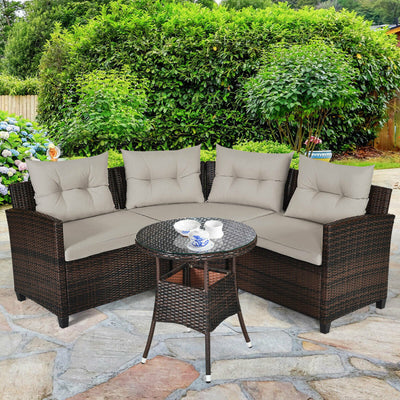 4 Pieces Outdoor Rattan Furniture Set Conversation Sofa Set with Cushion and Tempered Glass Table