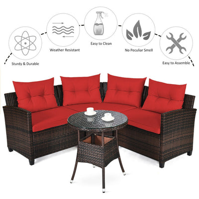 4 Pieces Outdoor Rattan Furniture Set Conversation Sofa Set with Cushion and Tempered Glass Table