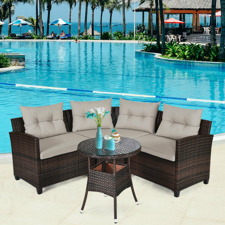 4 Pieces Outdoor Rattan Furniture Set Conversation Sofa Set with Cushion and Tempered Glass Table