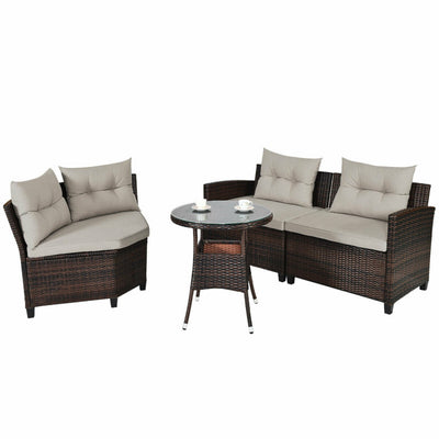 4 Pieces Outdoor Rattan Furniture Set Conversation Sofa Set with Cushion and Tempered Glass Table