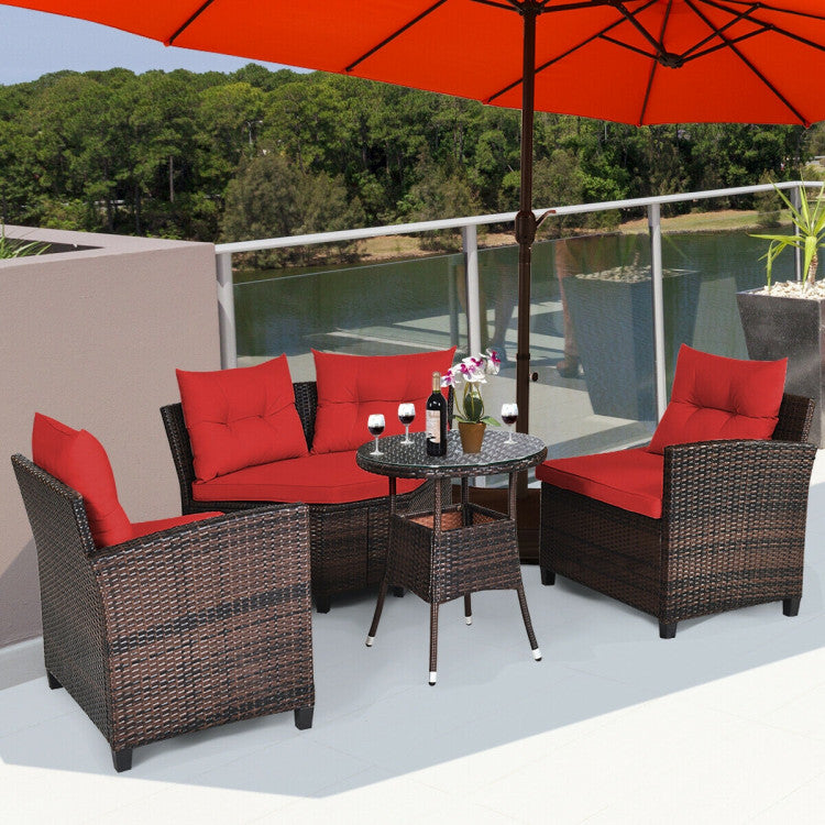 4 Pieces Outdoor Rattan Furniture Set Conversation Sofa Set with Cushion and Tempered Glass Table