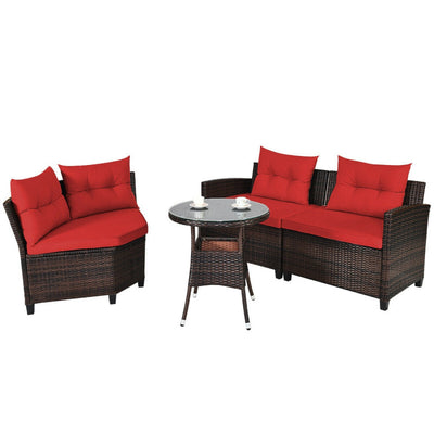 4 Pieces Outdoor Rattan Furniture Set Conversation Sofa Set with Cushion and Tempered Glass Table