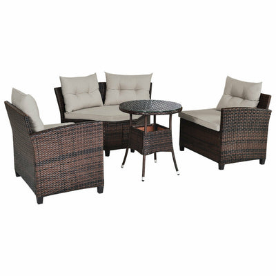 4 Pieces Outdoor Rattan Furniture Set Conversation Sofa Set with Cushion and Tempered Glass Table