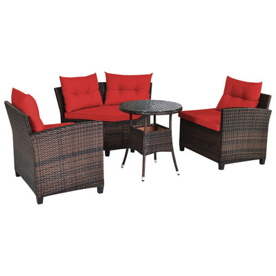 4 Pieces Outdoor Rattan Furniture Set Conversation Sofa Set with Cushion and Tempered Glass Table
