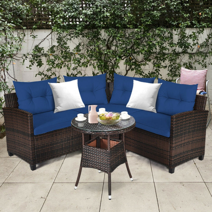 4 Pieces Outdoor Rattan Furniture Set Conversation Sofa Set with Cushion and Tempered Glass Table