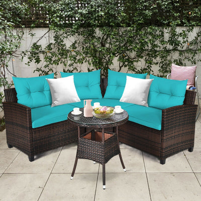 4 Pieces Outdoor Rattan Furniture Set Conversation Sofa Set with Cushion and Tempered Glass Table