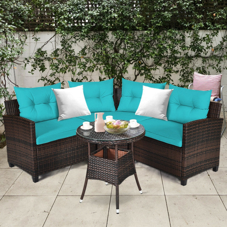 4 Pieces Outdoor Rattan Furniture Set Conversation Sofa Set with Cushion and Tempered Glass Table