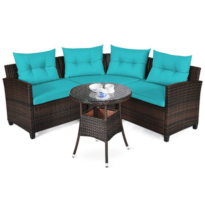 4 Pieces Outdoor Rattan Furniture Set Conversation Sofa Set with Cushion and Tempered Glass Table