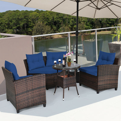 4 Pieces Outdoor Rattan Furniture Set Conversation Sofa Set with Cushion and Tempered Glass Table