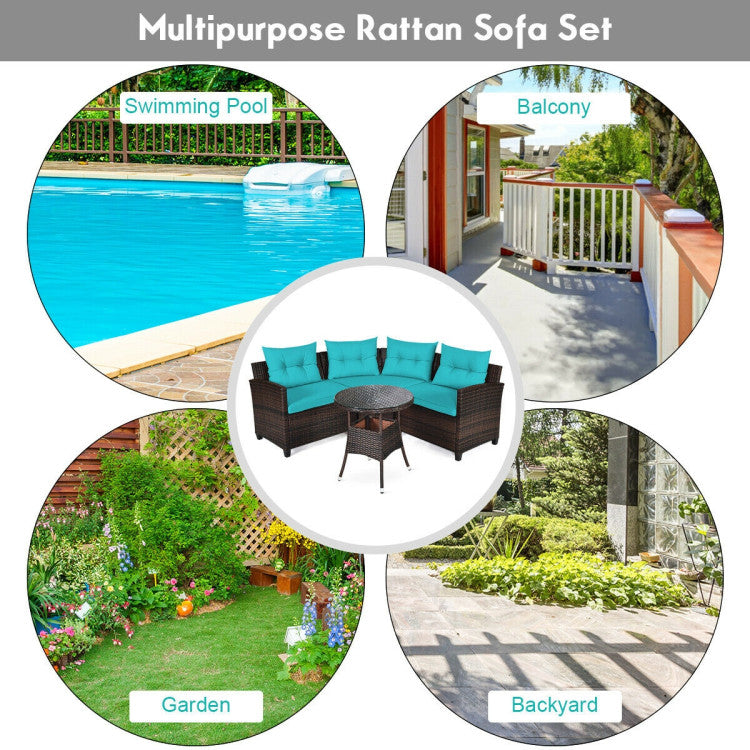 4 Pieces Outdoor Rattan Furniture Set Conversation Sofa Set with Cushion and Tempered Glass Table