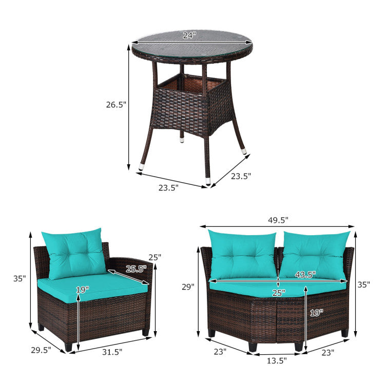 4 Pieces Outdoor Rattan Furniture Set Conversation Sofa Set with Cushion and Tempered Glass Table