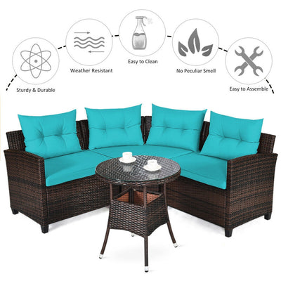4 Pieces Outdoor Rattan Furniture Set Conversation Sofa Set with Cushion and Tempered Glass Table