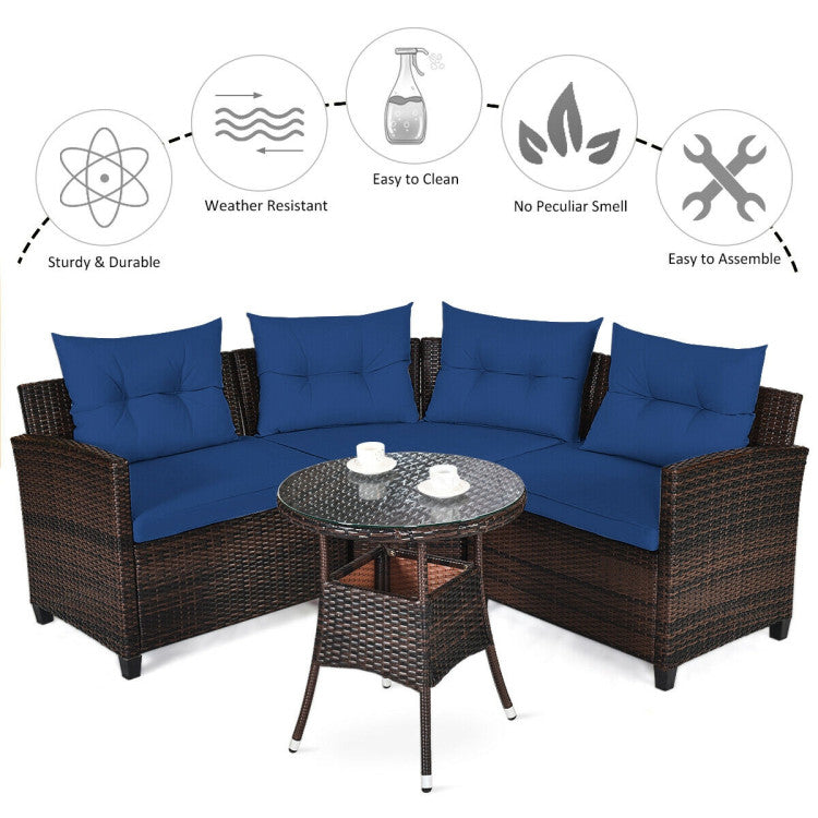 4 Pieces Outdoor Rattan Furniture Set Conversation Sofa Set with Cushion and Tempered Glass Table