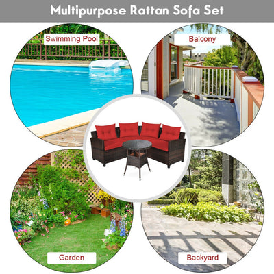 4 Pieces Outdoor Rattan Furniture Set Conversation Sofa Set with Cushion and Tempered Glass Table