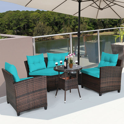 4 Pieces Outdoor Rattan Furniture Set Conversation Sofa Set with Cushion and Tempered Glass Table