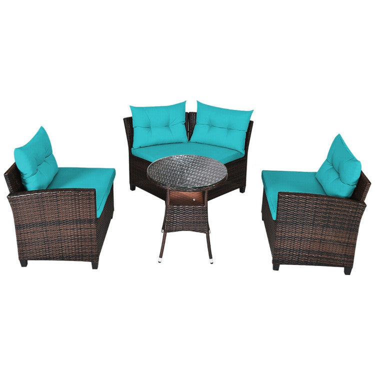 4 Pieces Outdoor Rattan Furniture Set Conversation Sofa Set with Cushion and Tempered Glass Table