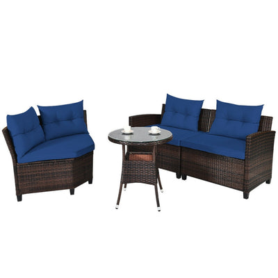 4 Pieces Outdoor Rattan Furniture Set Conversation Sofa Set with Cushion and Tempered Glass Table