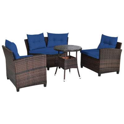 4 Pieces Outdoor Rattan Furniture Set Conversation Sofa Set with Cushion and Tempered Glass Table