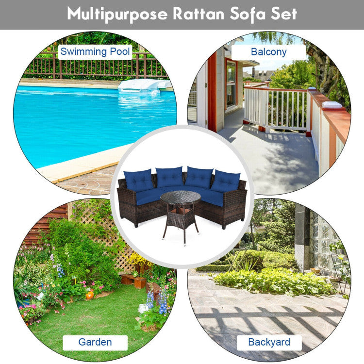 4 Pieces Outdoor Rattan Furniture Set Conversation Sofa Set with Cushion and Tempered Glass Table