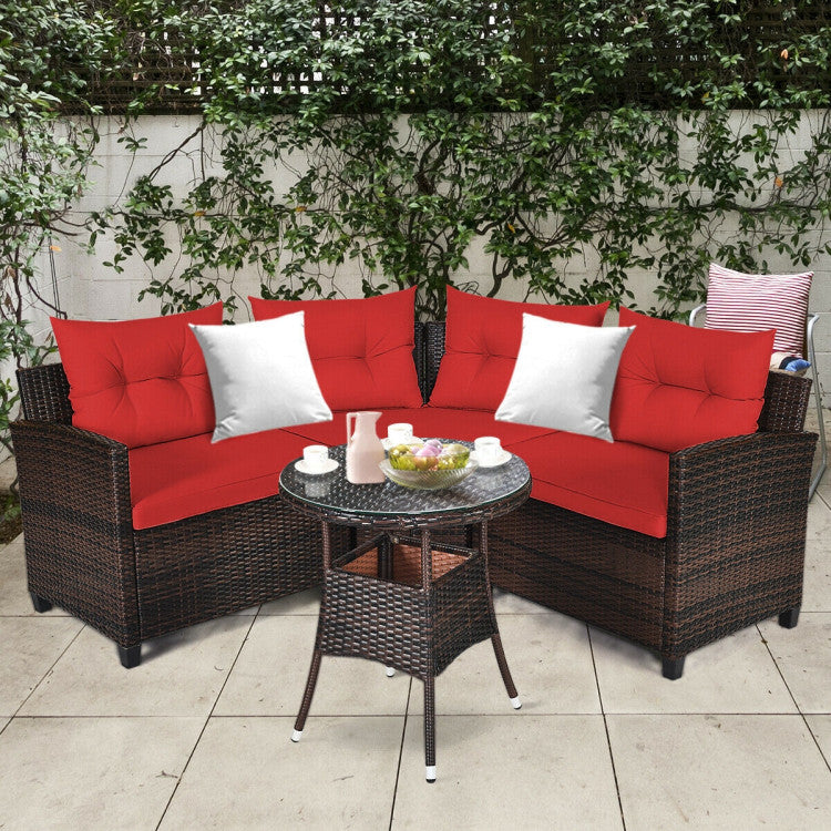 4 Pieces Outdoor Rattan Furniture Set Conversation Sofa Set with Cushion and Tempered Glass Table